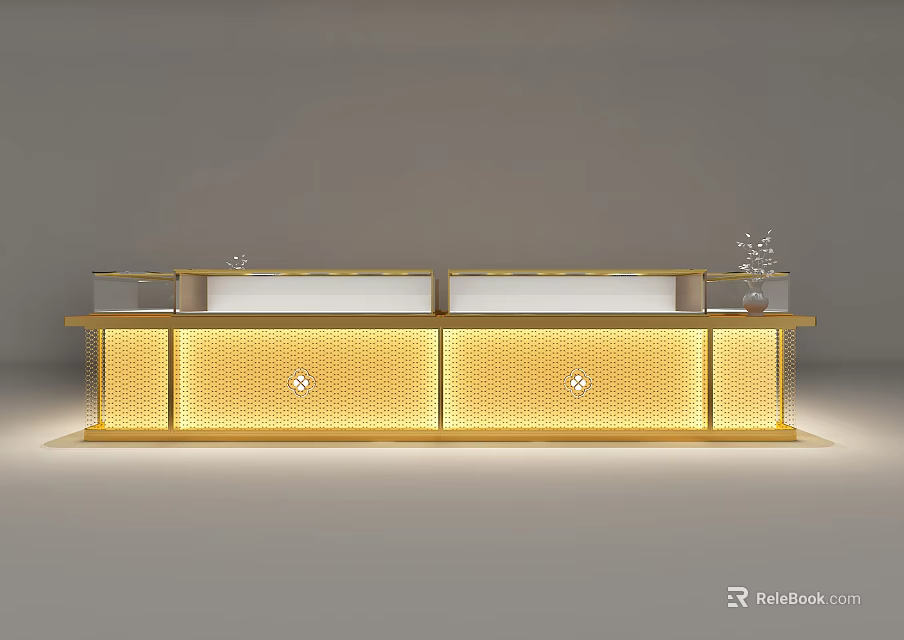 Luxurious Jewelry Store Display Counter With Golden Finish Glass Top And Decorative Diamond Shaped Patterns 3d model 