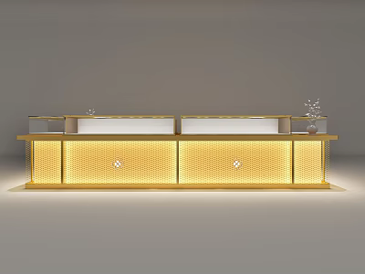 Luxurious Jewelry Store Display Counter With Golden Finish Glass Top And Decorative Diamond Shaped Patterns 3d model