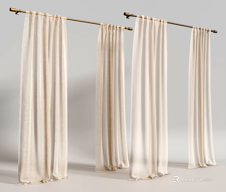 Elegant Beige Sheer Curtains Hanging On Metal Rod For Window Decoration 3d model 
