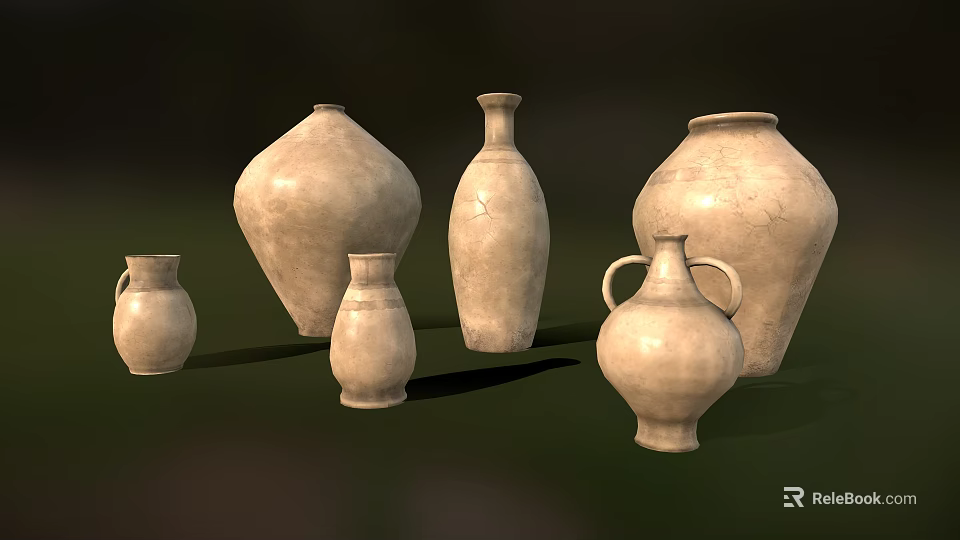 Rustic Handcrafted Ceramic Vessels With Various Shapes Textured Surface And Earthy Tone On Green Background 3d model 