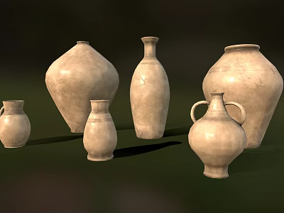 Rustic Handcrafted Ceramic Vessels With Various Shapes Textured Surface And Earthy Tone On Green Background 3d model