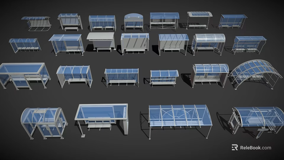 Multiple Styles Of Metal Frame Bus Shelters With Transparent Roof Structures 3d model 
