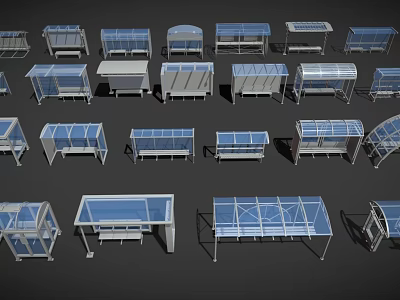 Multiple Styles Of Metal Frame Bus Shelters With Transparent Roof Structures 3d model