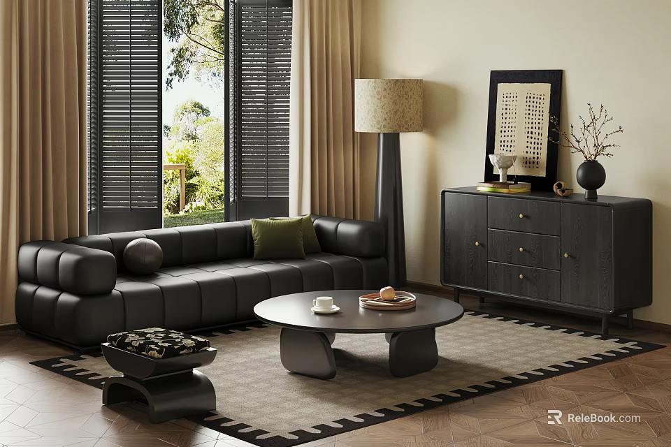Modern Living Room With Black Leather Sofa Round Coffee Table Floor Lamp And Dark Dresser 3d model 