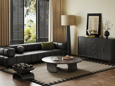 Modern Living Room With Black Leather Sofa Round Coffee Table Floor Lamp And Dark Dresser 3d model
