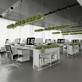 Modern Public Office Interior With White Desks Black Chairs Hanging Green Plants And Monitors