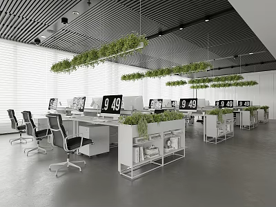 Modern Public Office Interior With White Desks Black Chairs Hanging Green Plants And Monitors 3d model