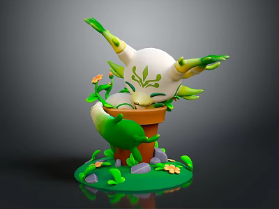 Cute Plant Creature Character In Brown Pot With Green Vines And Flowers 3d model
