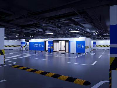 Modern Parking Garage With Blue Signage White Floor Markings And Clear Entrance 3d model