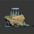 Cartoon Scene With Rocky Island Red Domed Pavilion Flame Green Plants And Blue Water