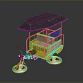 Yellow Three Wheeled Tricycle With Gray Canopy Pink Seat And Blue Signboard