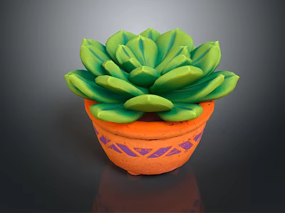 Succulent Plant With Green Plump Leaves In Orange Pot With Purple Geometric Patterns 3d model
