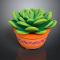 Succulent Plant With Green Plump Leaves In Orange Pot With Purple Geometric Patterns