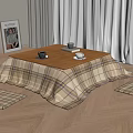 Cozy Wooden Floor Table With Plaid Tablecloth And Cushions By Window
