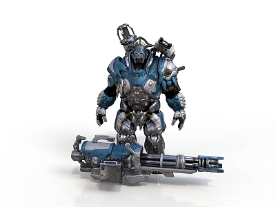 Blue Mechanical Armored Character With Heavy Duty Armor And Massive Gun 3d model