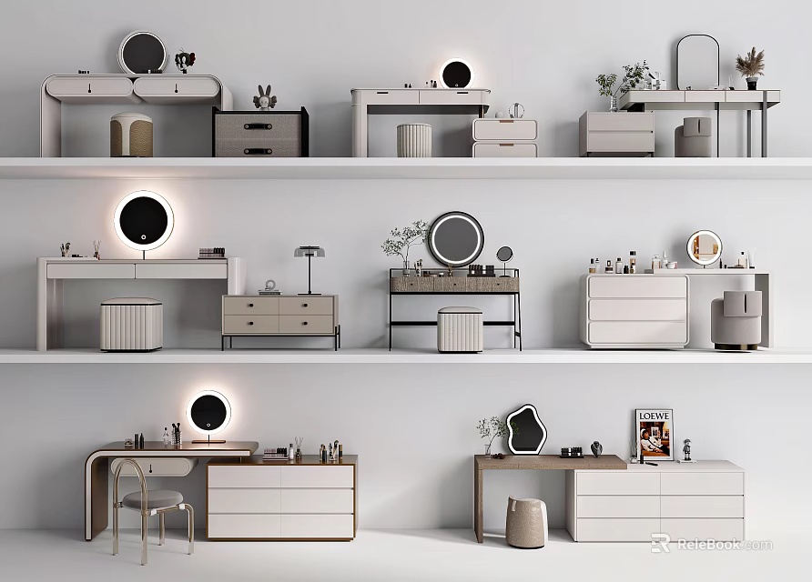 Modern Dressing Table Designs With Round Mirrors Drawers and Decorative Plants 3d model