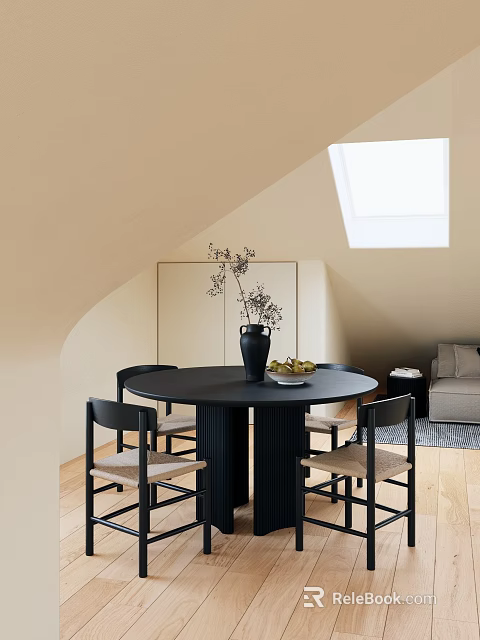 Black Round Dining Table Set With Chairs Vase Fruit Plate Beige Walls And Skylight 3d model 