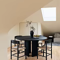 Black Round Dining Table Set With Chairs Vase Fruit Plate Beige Walls And Skylight