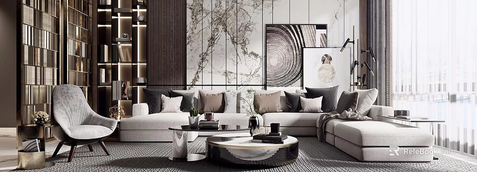 Modern Sofa And Coffee Table Set With Marble Wall Decorative Pillows Round Metal Frame Design 3d model 