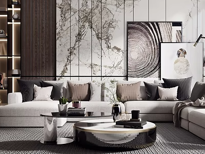 Modern Sofa And Coffee Table Set With Marble Wall Decorative Pillows Round Metal Frame Design 3d model