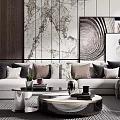 Modern Sofa And Coffee Table Set With Marble Wall Decorative Pillows Round Metal Frame Design