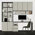 Modern Home Office Desk With Black Screen Mac Computer Gray Chair Built-in Bookshelf And Decor