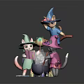 Three Cat Wizard Characters In Colorful Hats Stirring Magic Cauldron With Books And Candles