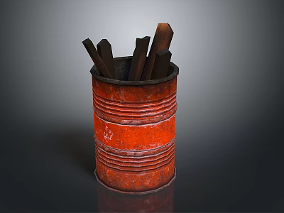 Vintage Rustic Red Metal Can Holding Wooden Brushes On Dark Background 3d model