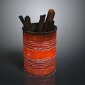 Vintage Rustic Red Metal Can Holding Wooden Brushes On Dark Background