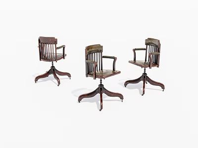 Three Wooden Leisure Chairs With Armrests And Swivel Bases Vintage Design 3d model