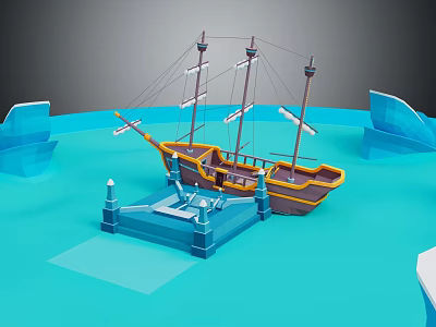3D Rendered Cartoon Scene With Yellow Brown Sailboat Blue Icebergs And Blue Dock 3d model