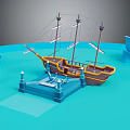 3D Rendered Cartoon Scene With Yellow Brown Sailboat Blue Icebergs And Blue Dock