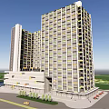Modern Twin High Rise Office Building With Waterfront And Green Area