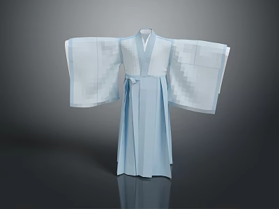 Woman Wearing Light Blue Traditional Kimono With Wide Sleeves And Obi Belt 3d model