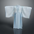 Woman Wearing Light Blue Traditional Kimono With Wide Sleeves And Obi Belt