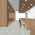 Modern Restaurant Interior With Wooden Ceiling Tables Chairs And Open Layout 3d model