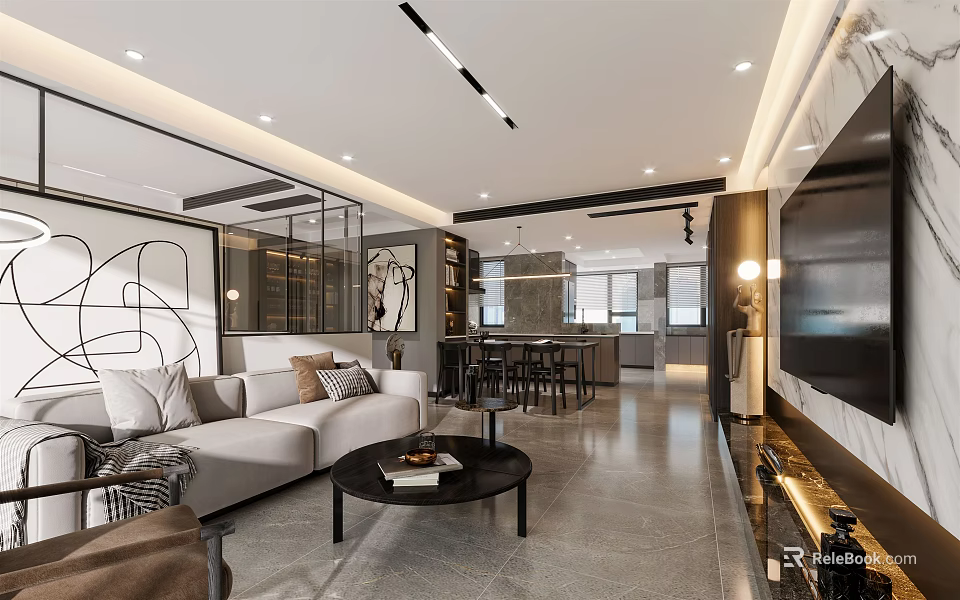 Modern Living Dining Room Interior With Light Sofa Black Coffee Table And Marble TV Wall 3d model 