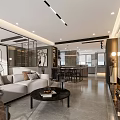 Modern Living Dining Room Interior With Light Sofa Black Coffee Table And Marble TV Wall