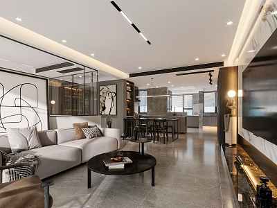 Modern Living Dining Room Interior With Light Sofa Black Coffee Table And Marble TV Wall 3d model