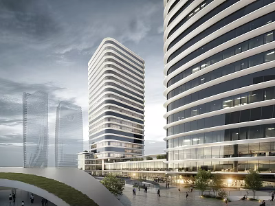 Modern Office Towers Featuring Glass Curtain Walls Curved Design Greenery Plaza And Pedestrians 3d model