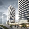 Modern Office Towers Featuring Glass Curtain Walls Curved Design Greenery Plaza And Pedestrians