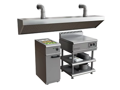 Professional Stainless Steel Kitchen Appliances With Range Hood Cooking Range And Workbench Cabinet 3d model