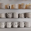 Stylish Tableware Set with Multiple Cups and Pumpkin Shaped Container on Shelves