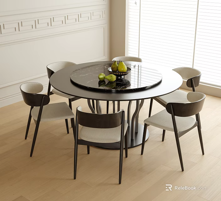Round Table And Chair Set With Black Marble Tabletop Six Chairs Dark Legs Light Seats 3d model 