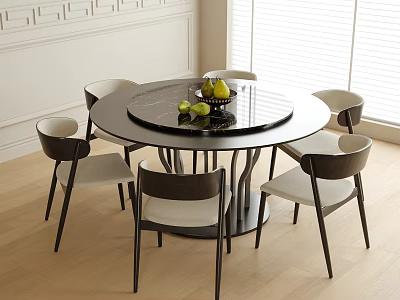 Round Table And Chair Set With Black Marble Tabletop Six Chairs Dark Legs Light Seats 3d model