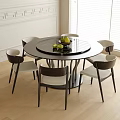 Round Table And Chair Set With Black Marble Tabletop Six Chairs Dark Legs Light Seats