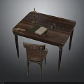 Rustic Wooden Table With Vintage Chair Candle Book Cup And Scissors