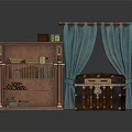 Wooden Bookshelf With Books And Decorative Items Blue Curtains And Vintage Trunk