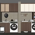 Modern Laundry Room With Wooden Cabinets Washing Machines Sink And Natural Light