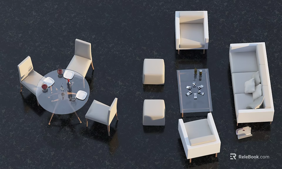 Stylish Casual Sofa Set With White Fabric Armchairs Coffee Table And Stools 3d model 